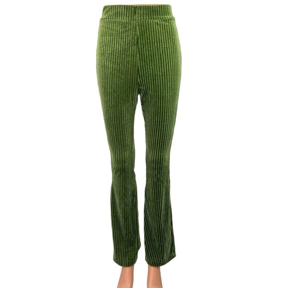 Shein Green Solid Velvet Velour Rib Flare Leggings Bell Bottom Yoga Pants Size 4 - Picture 1 of 6